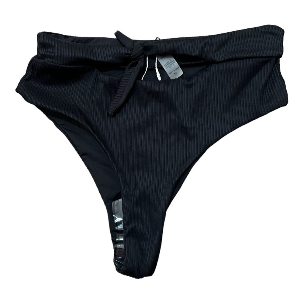 New TiNiBiKiNi Swimwear Bikini Bottom Size M Solid Black Textured Front Tie